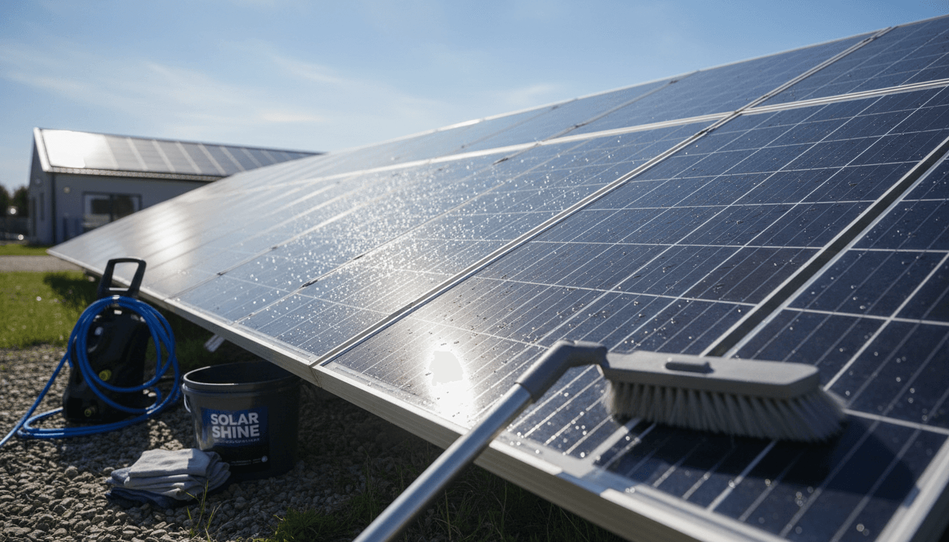 Close-up of clean solar panels reflecting sunlight after professional cleaning
