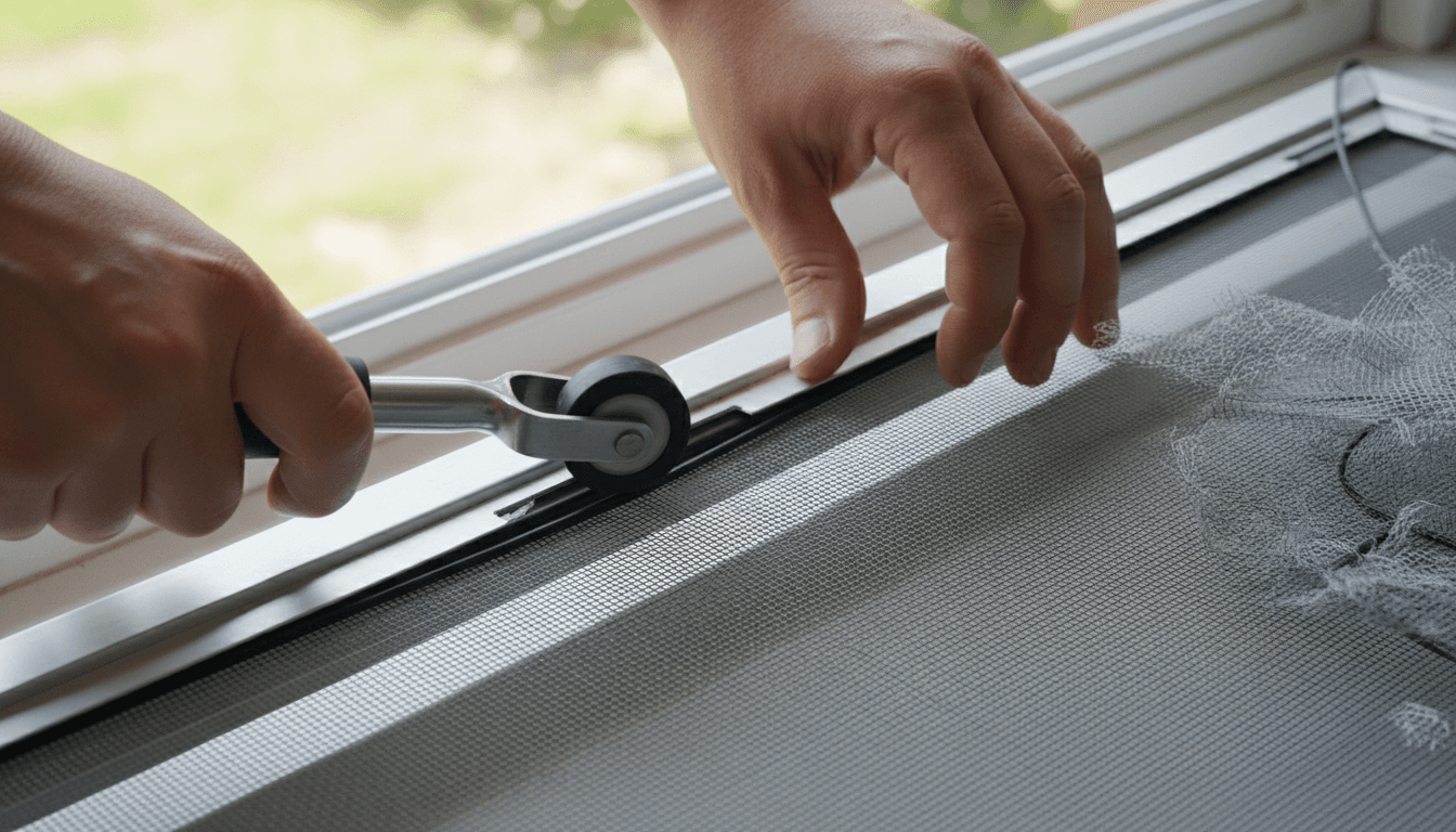 Hand repairing a window screen mesh with a spline tool