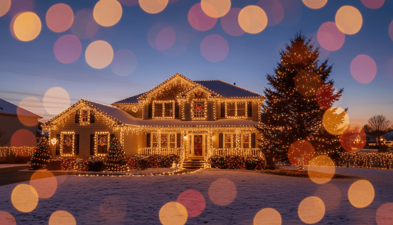 Warm string lights glowing on a home exterior at dusk