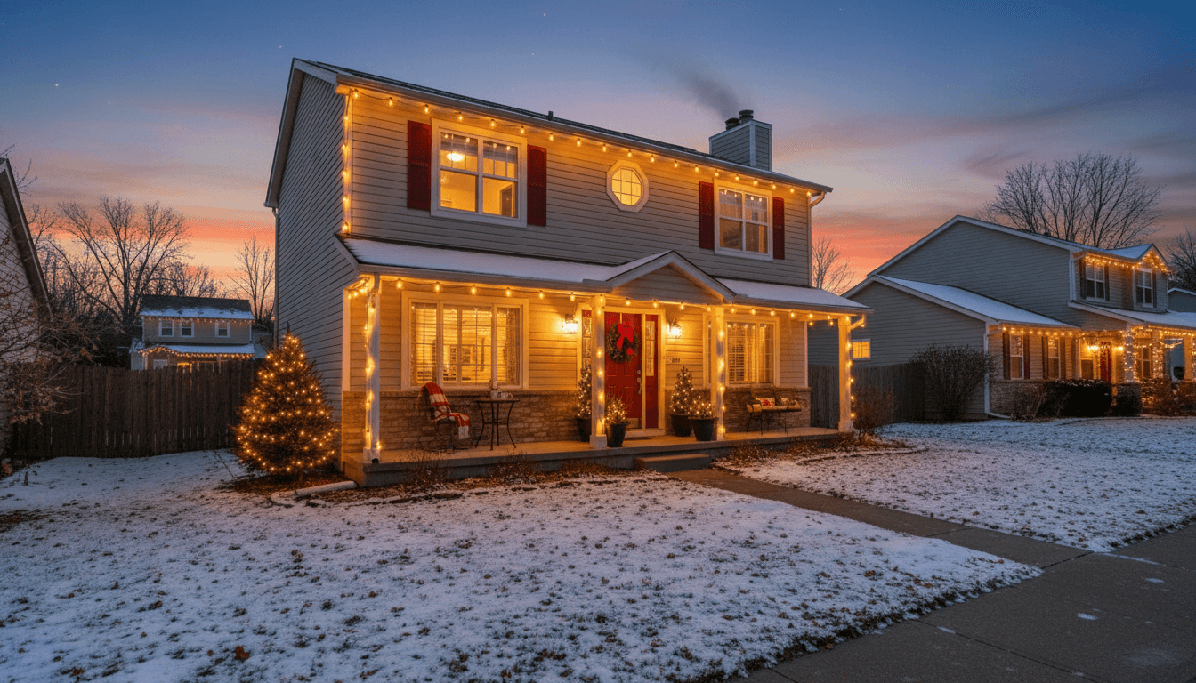 Warm string lights glowing on suburban home at dusk, festive and cozy.