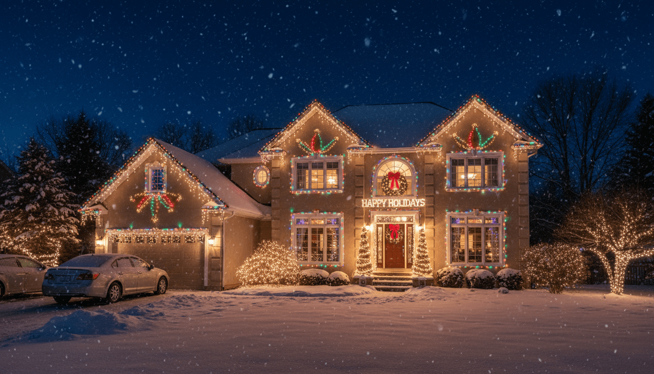House exterior with warm glowing holiday lights and snow at dusk