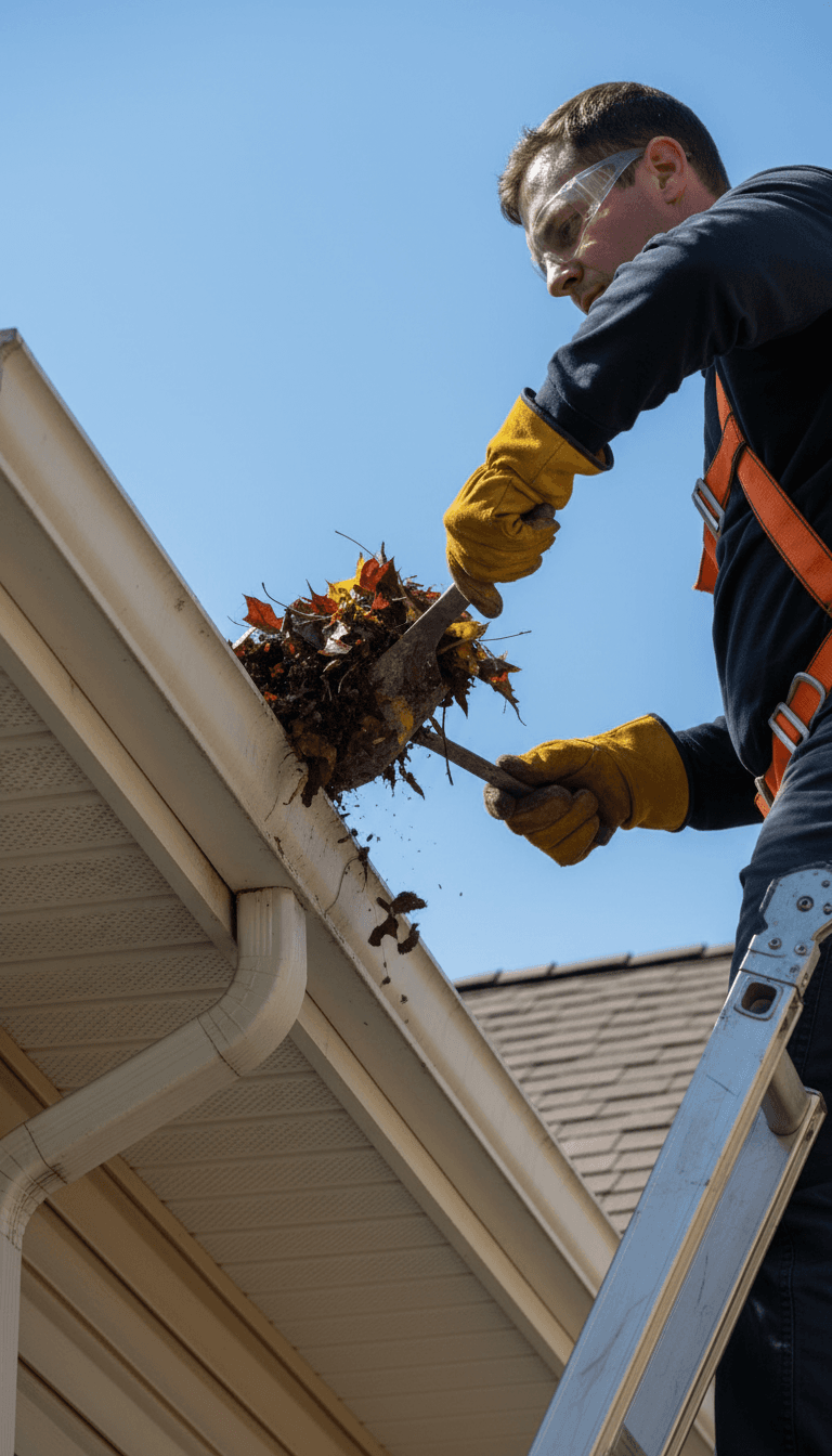 Tradesperson on ladder cleaning residential gutter, removing leaves and debris from roofline