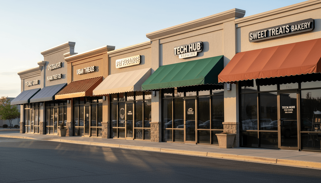 Multi-unit commercial installation showing multiple custom awnings across strip mall storefronts with professional shadow definition