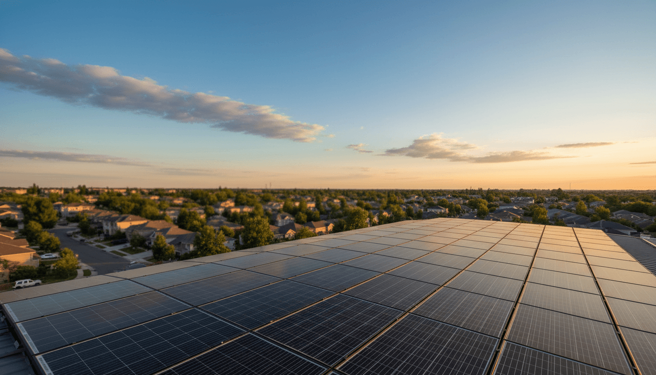 Residential rooftop covered with organized photovoltaic solar panels under blue sky with golden sunlight