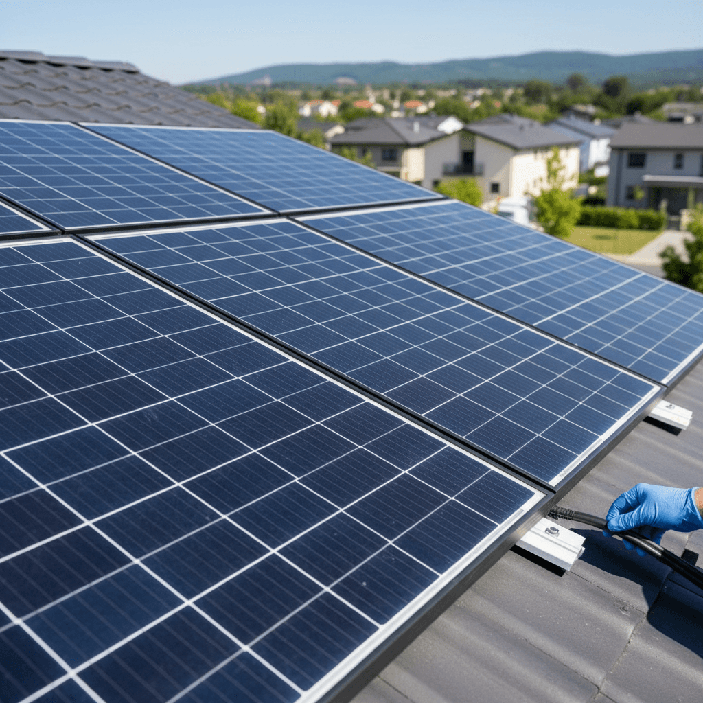 Solar photovoltaic panels installed on residential rooftop with technician hand checking electrical connections in bright daylight