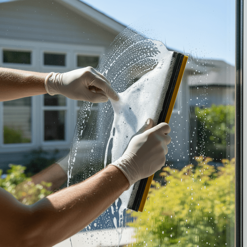 Window cleaning professional at work
