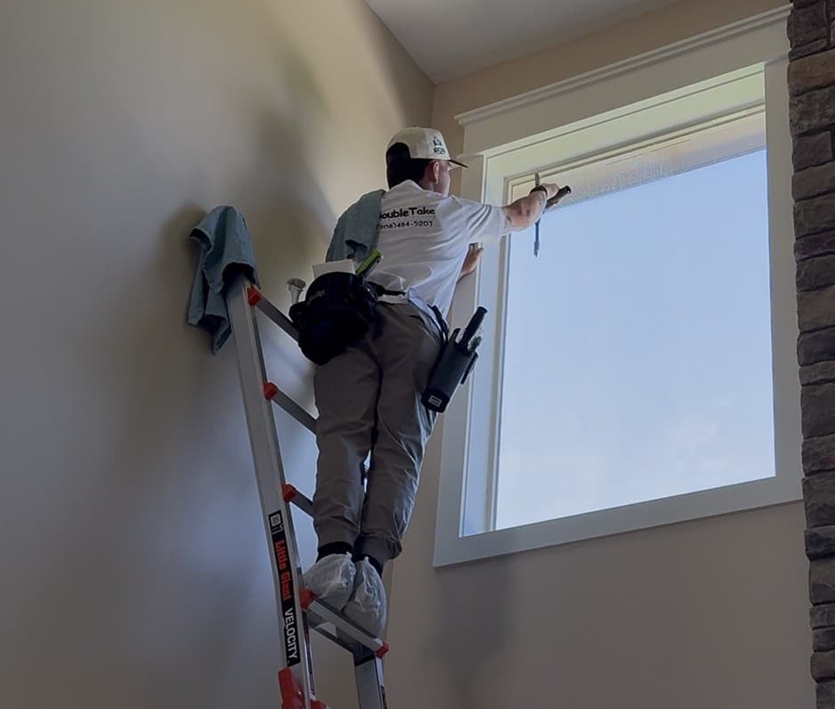 A professional window cleaner on a ladder uses a squeegee on a high indoor window.