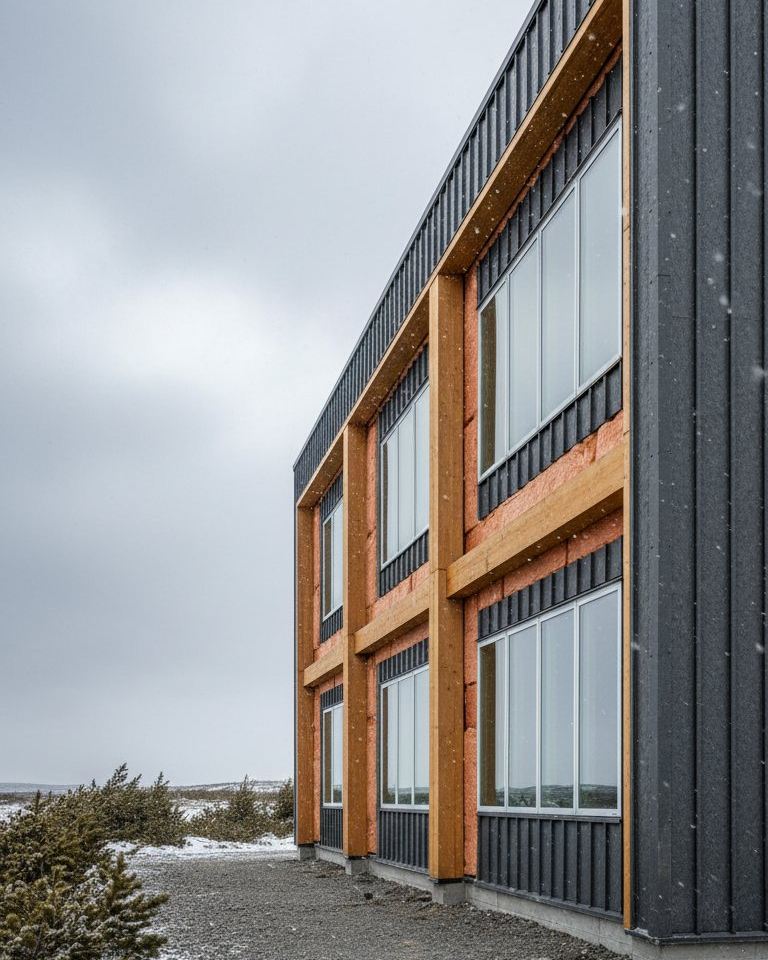 Two-story commercial building with dark metal siding, wood trim and rows of large windows on a snowy, overcast day.
