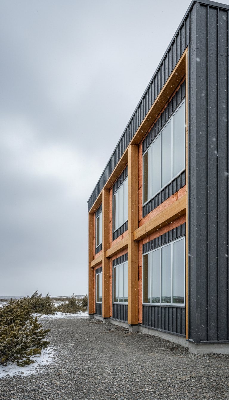 Two-story commercial building with dark metal siding, wood trim and rows of large windows on a snowy, overcast day.