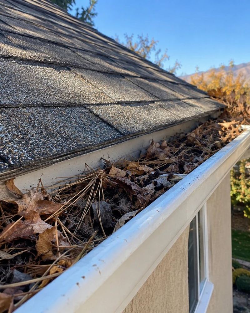 Rain gutter packed with dead leaves and pine needles along a shingle roof.