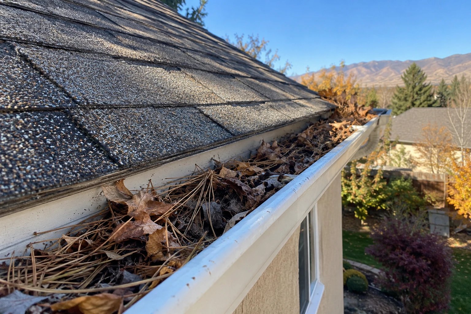 Rain gutter packed with dead leaves and pine needles along a shingle roof.