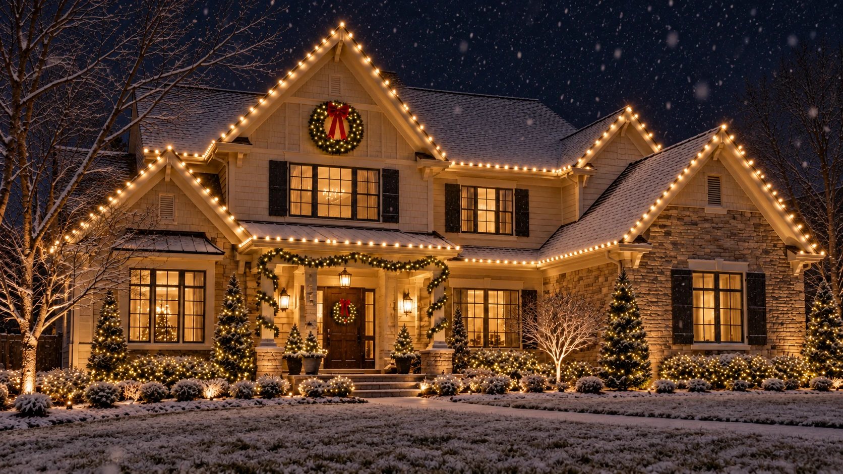 Two-story house on a snowy night with warm white lights along every roofline, wreaths, garland and lit trees.