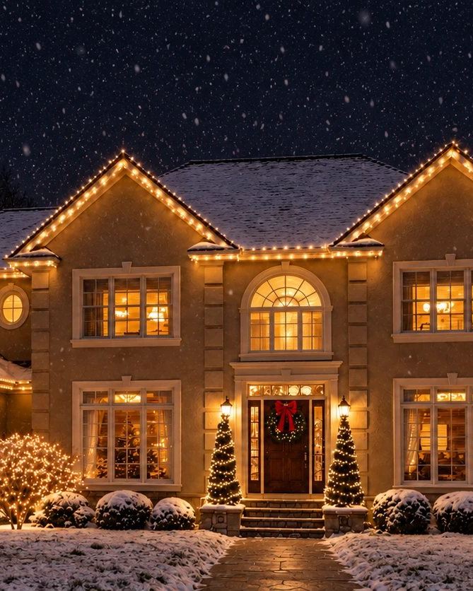 Stucco house on a snowy night with warm white lights along every roofline and lit trees out front.
