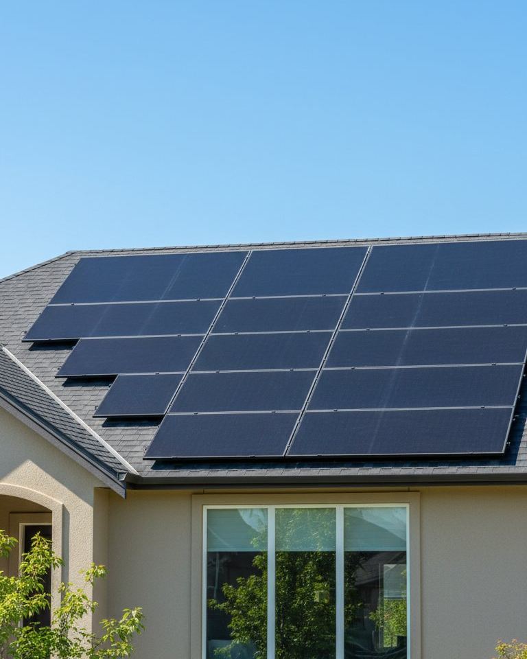 Solar panels on the roof of a stucco house under a clear blue sky.