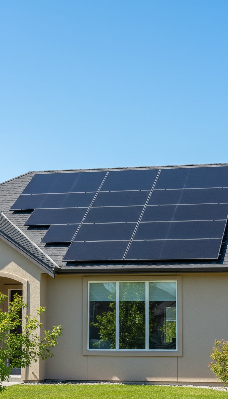 Solar panels on the roof of a stucco house under a clear blue sky.