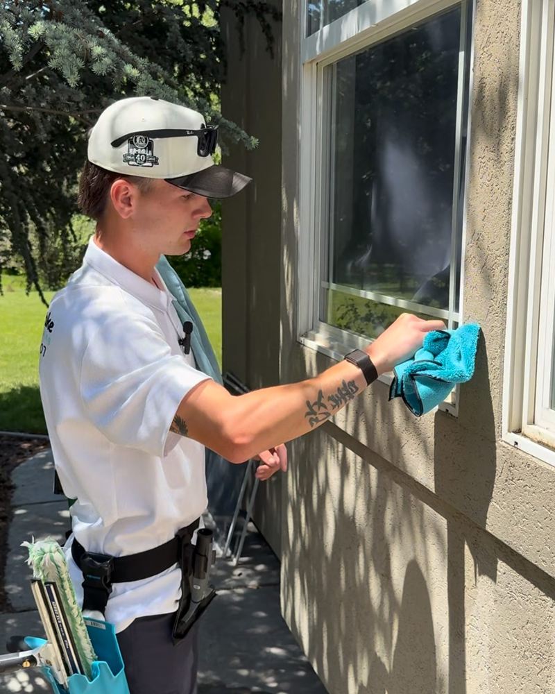 Professional window cleaner wipes an exterior window frame using a blue microfiber cloth.